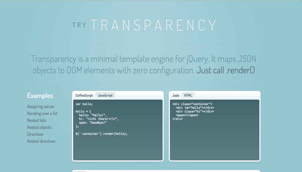 Transparency – minimal template engine that maps JSON objects to DOM elements