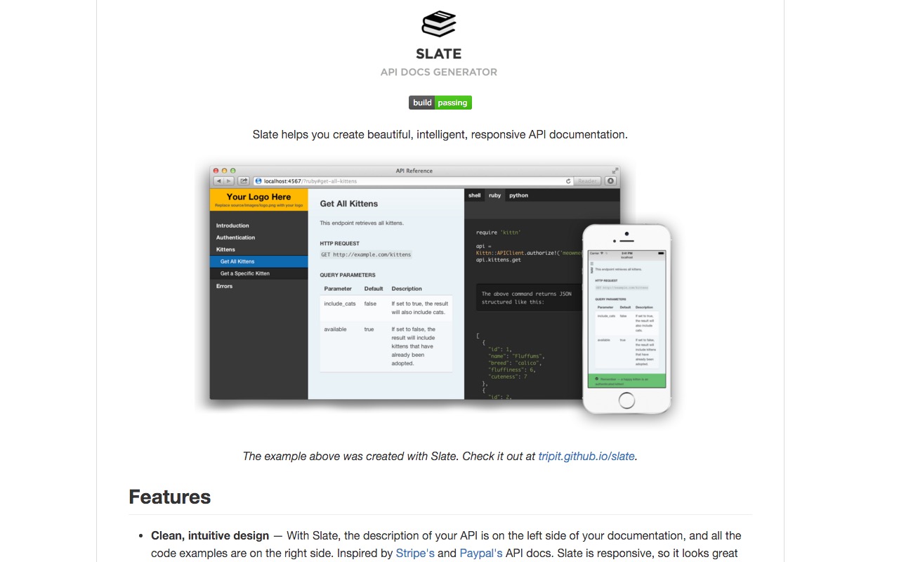 Use markdown for beautiful and responsive API documentation – Slate