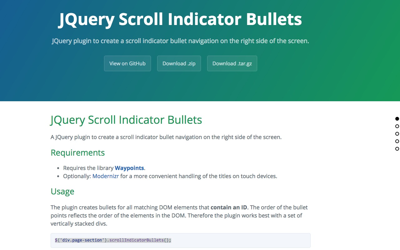 jQuery Scroll Indicator Bullets